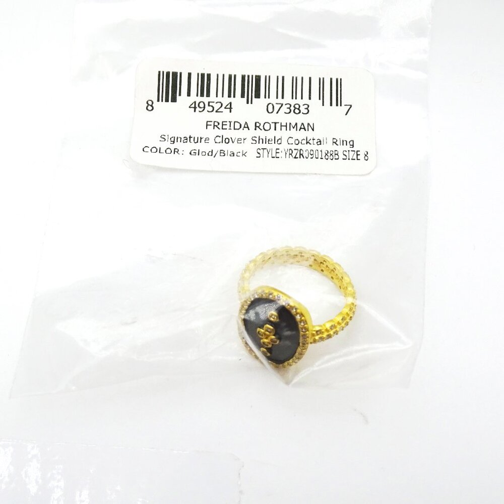 FREIDA ROTHMAN Sterling Silver Black Rhodium CZ Clover Shield Cocktail Ring Sz 8 - Picture 9 of 9